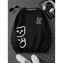 Startmore Ayıcık Baskılı Üç İplik Kalın Bisiklet Yaka Unisex Oversize Sweatshirt Siyah Siyah