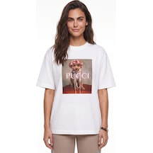 Onloox Kadın Beyaz Beyaz Pamuklu Bisiklet Yaka Oversize Düşük Omuz Köpek Figürlü Baskılı T-shirt