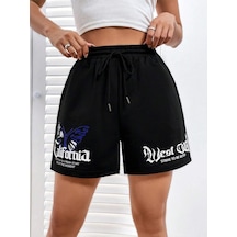 Coolane Butterfly & Letter Graphic Drawstring Waist Şort Siyah