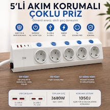 5'li Akım Korumalı Çoklu Priz 2 Metre Kablolu 3680w 16a 5 Bağımsız Anahtarlı 2 Usb-a 2 Usb-c Pd 20w Hızlı Şarj Destekli 2 m