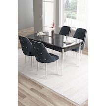 Canisa Tia Serisi 80x132 Açılabilir Mdf Siyah Mermer Desen Krom Detay Masa Takımı Ve 4 Lacivert Sandalye Masa Siyah Mermer Desen Sandalye Lacivert