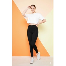 Siyah Yüksek Bel Sıkılaştırıcı Toparlayıcı Kışlık Şardonlu Dalgıç Kumaş Spor Günlük Tayt Siyah