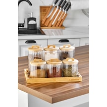 Cooker 6 Parça Standlı Bambu Kapaklı Borosilikat Cam Yuvarlak Baharatlık Şeffaf