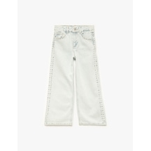 Koton Pamuklu Normal Bel Zımba Detaylı Geniş Paça Denim Pantolon - Wide Leg Jeans Lıght Indıgo 5skg40142ad Açık Mavi