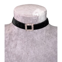 Kırmızı Sanat Evi Kadife Kare Taşlı Choker Kolye Siyah