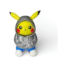 Urban Pikachu Figür Sokak Stil Gümüş Renk Kapüşonlu Karakter Tasarım Dekoratif Koleksiyon 12 Cm