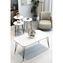 3'lü Sekizgen Zigon Sehpa Ve Dikdörtgen Orta Sehpa Takımı Modern Siyah Metal Ayaklı Salon Sehpa Seti Beyaz