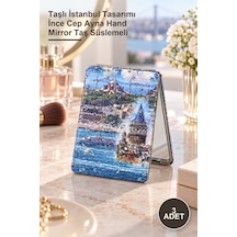 3 Adet El Aynası Taşlı İstanbul Tasarımı İnce Cep Ayna Hand Mirror Taş Süslemeli