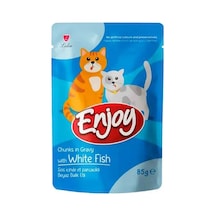 Enjoy Pouch Sos İçinde Et Parçacıklı Beyaz Balıklı Yetişkin Kedi Konservesi 85 Gr