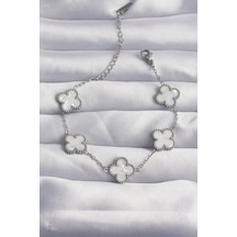 Zarif Kadın İçin Silver Çelik Beyaz Sedefli Yonca Bileklik Gri