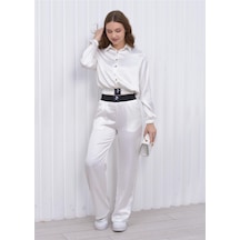 Kadın Beli Lastikli Crop Model Saten Bluz Beyaz-beyaz