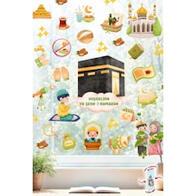 Ramazan Temalı Çift Taraflı Cam Sticker Seti Kâbe, Cami, İftar Ve Çocuk Figürlü Dekoratif Sticker Dijital Baskı