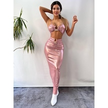 Pink Life Pembe Pu Faux Lame Tokalı Elbise Pembe