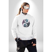 Renkli Yin İle Yang Kuramı Unisex Beyaz Baskılı Sweatshirt Beyaz
