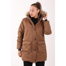 Maraton Sportswear Regular Kadın Kapşonlu Uzun Kol Basic Taba Parka 21418 Taba