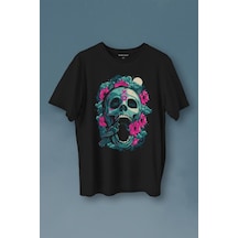 Sugar Skull Skeleton Rose Kuru Kafa Gül Baskılı Tişört Unisex T-shirt 001