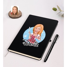 Kişiye Özel Kadın Aşçı Karikatürlü Siyah Defter Ve Kalem S N11.47