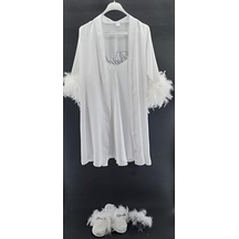 Gümüş Nakış İşlemeli Tüylü Model Bride Sabahlık / Gecelik Terlik