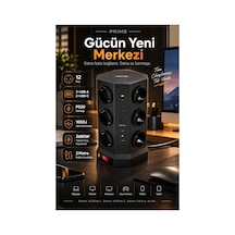Robeve Fulltech Prime 12 Li Akım Korumalı Kule Priz 3680w - 1050j Koruma, Pd20 Destekli 3 Usb-a + 2 Usb-c, 2 Metre Kablolu Dikey Çoklu Uzatma Prizi Grup Priz 12'li Fiş 12'li Priz 2 M