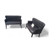 Ahşap Ayaklı Kollu Siyah Deri Ofis Koltuğu Büro Koltuğu Deri Ofis Bekleme Koltuğu 2 Adet İkili Siyah