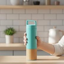 600 Ml Bambu Tabanlı Kulplu Çelik Termos Mug - 5 Renk Seçenekli Sıcak/soğuk Tutucu Seyahat Bardağı Turkuaz Diğer