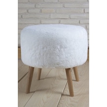 Yuvarlak Beyaz Peluş Puf Ahşap Ayak Beyaz