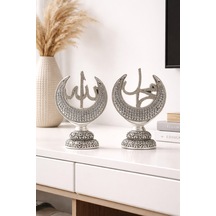 Taş İşlemeli Gümüş Biblo Allah & Muhammed S.a.v Hilal Taşlı Figürlü Masa Üstü Biblo 2 Li Set 20 Cm Gri