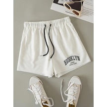 Letter Graphic Drawstring Waist Şort Beyaz