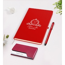 Kişiye Özel Isimli Kırmızı Defter Kalem Kartvizitlik Hediye Seti- (505048605)