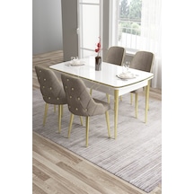 Canisa Tia Serisi 80x132 Açılabilir Mdf Mutfak Masası Takımı Beyaz Masa Gold Detay 4 Cappucino Sandalye Masa Beyaz Sandalye Cappucino