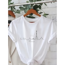 Uyguntarz Unisex Eyfel Kulesi Baskılı Tasarım Tshirt Beyaz