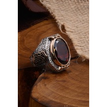 Yakut Garnet Taşlı Yanı Gravür Işlemeli Erkek Gümüş Yüzük