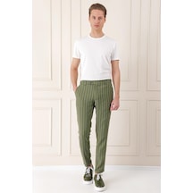 Efor Comfort Fit Yandan Tokalı Çizgili Keten Casual Haki Pantolon P 1151 Haki