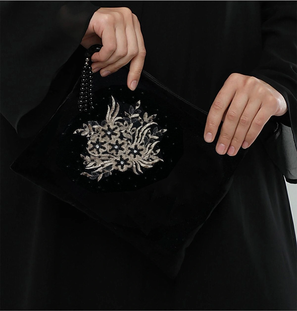 Elysianfidan Portföy Özel Tasarım El Işlemeli Kadife Siyah Bayan Çantası Siyah-kopma Swarovski