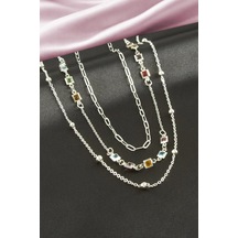 Kare Kristal Taşlı Üçlü Kolye Renkli
