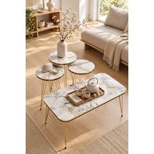 Odera Çift Gold Efes Beyaz Mermer Desenli Elips Orta Sehpa Ve Yuvarlak Zigon Sehpa 4'lü Set Gold Tel Metal Ayaklı Retro Modern Salon Sehpası Diğer