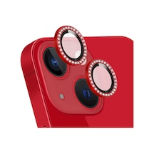 Apple Uyumlu iPhone 14 Max ile Taşlı Tasarım Temperli Cam Kamera Lens Koruyucu - Kırmızı
