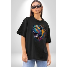 Köpek Saint Bernard Havlama Pamuklu Bisiklet Yaka Unisex Oversize Boyfriend Dijital Baskılı Siyah T-shirt Siyah