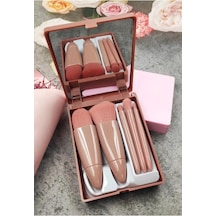 C005 Taşınabilir 5 Parçalı Aynalı Profesyonel Makyaj Fırça Seti - Taşınabilir Mini 10.5cm Bakır Renk Çok renkli