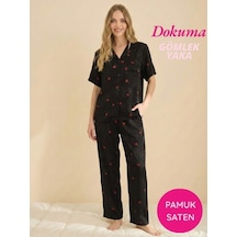 Seamlife Kadın Önden Düğmeli Maskülen Gömlek Yaka Dokuma Pamuk Saten Kumaş Göğüs Cepli Kısa Kollu Pijama Takımı Siyah Seamlife Kadın Önden Düğmeli Maskülen Gömlek Yaka Dokuma Pamuk Saten Kumaş Göğüs Cepli Kısa Kollu Pijama Takımı Siyah