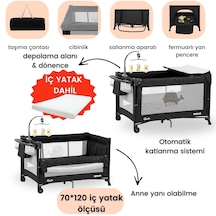 Gulz Beskar Anne Yanı Sallanır Cibinlikli Dönenceli Alt Açmalı Oyun Parkı Bebek Beşik 70 x 120 CM + Yatak Siyah