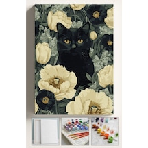 Sayılarla Boyama Tuval Seti Fırça Boya Dahil Çıtalı 40x50 Cm - Beyaz Çiçekler Siyah Kedi