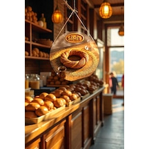 Çay Simit Temalı İpli Ahşap Kapı Duvar Süsü, Pastane Fırın Cafe Dükkanı Tablo Dekoru