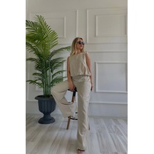 Kadın Eteği Balon Dar Kemerli Keten İkili Takım Bej