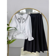 Lovie Moda Nakışlı Bebe Yaka Bluz Jakar Etekli Takım Beyaz