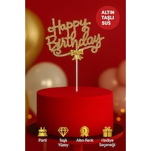 Altın Renkli Taşlı Happy Birthday Pasta Süsü Işıltılı Metal Dekor Doğum Günü Aksesuarı