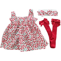 Kız Bebek Kiraz Baskılı Elbise Meyveli Bandana Ve Dizaltı Fiyonklu Çorap 3'lü Takım 001