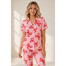 Free Beka Kadın Önden Düğmeli Devrik Yaka Kısa Kol Uzun Pantolon Desenli Pijama Takımı Pembe