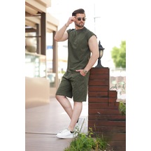 Madmext Haki Basic Erkek Yırtık Detaylı Şort T-shirt Takım E7319