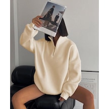 Kadın 3 İplik Pamuklu Oversize Yarım Fermuarlı Yakalı Basic Sweatshirt - Bej
